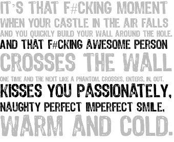 It’s that f#cking moment when your castle in the air falls and you quickly build your wall around the hole. And that f#cking awesome person crosses the wall one time and the next like a phantom. Crosses, enters, in, out. kisses you passionately, naughty perfect imperfect smile, warm and cold.